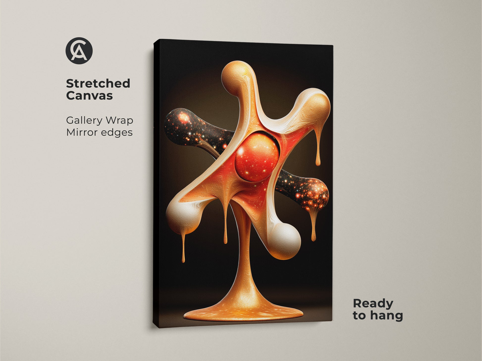 Elevate your space with this stretched canvas art featuring a gold red galaxy print. The surreal space wall art is ready to hang with mirrored edges. Ideal for sci-fi fans this cosmic artwork brings a modern and dynamic element to any room. The fluid abstract design adds an artistic touch to your home.