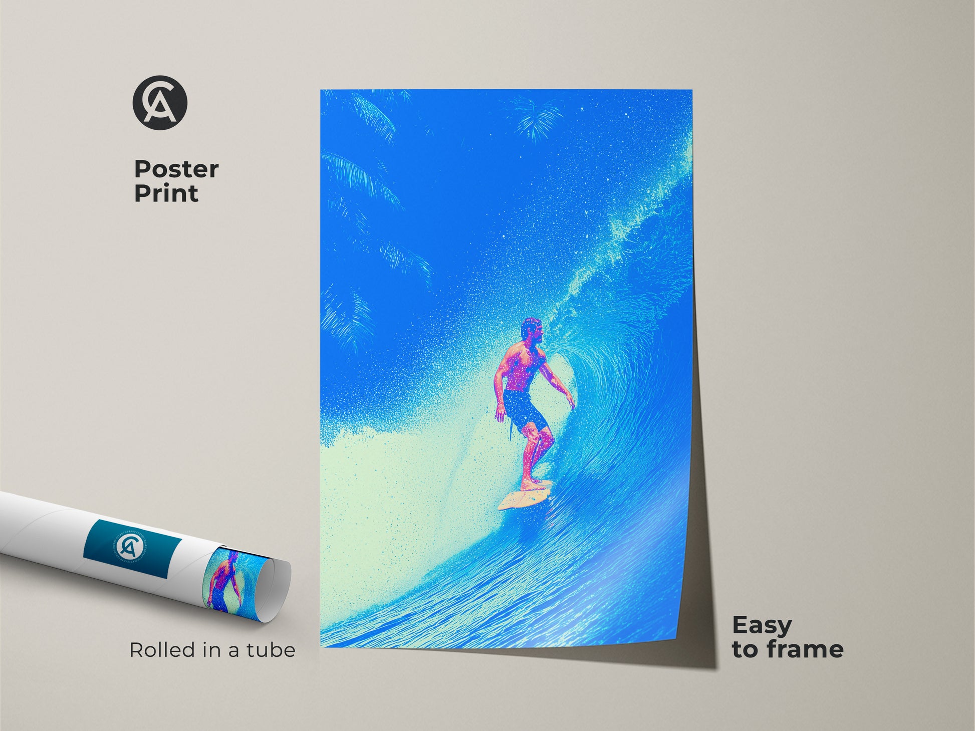 Poster print featuring surfer riding a wave in deep blue ocean art. Palm trees accent the coastal wall art. Rolled in tube for easy framing. This modern surfer poster adds a touch of aqua teal to your space.