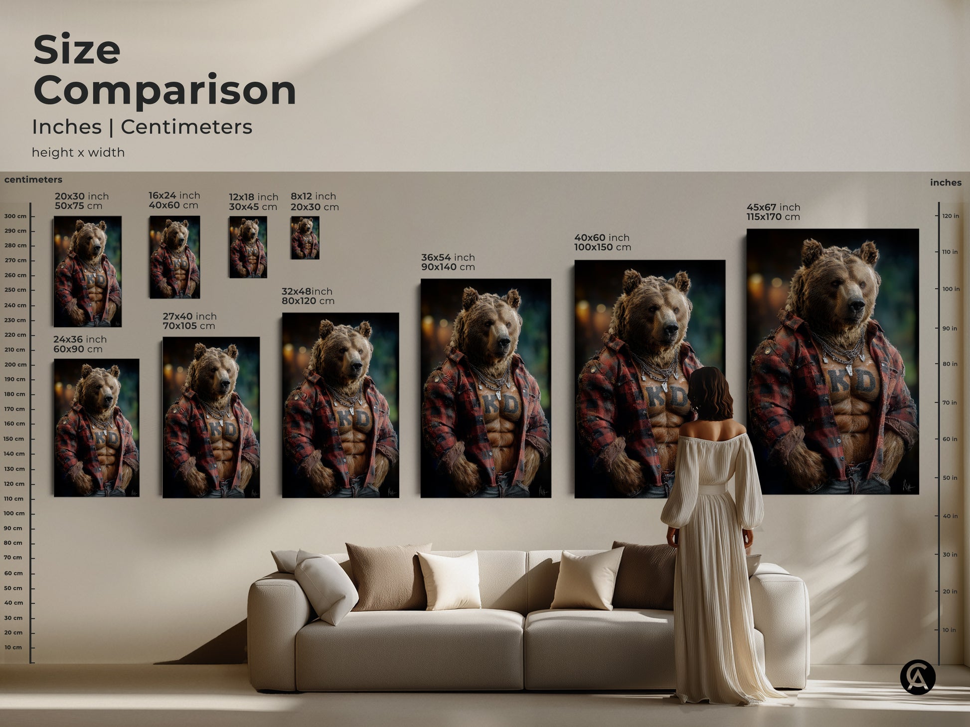 Size comparison inches and centimeters featuring the bear artwork. Artwork featuring a flannel shirt bear is suited for eclectic home decor. Sizes range to accommodate any wall space. Great rustic gift.