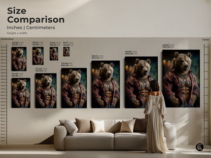Size comparison inches and centimeters featuring the bear artwork. Artwork featuring a flannel shirt bear is suited for eclectic home decor. Sizes range to accommodate any wall space. Great rustic gift.