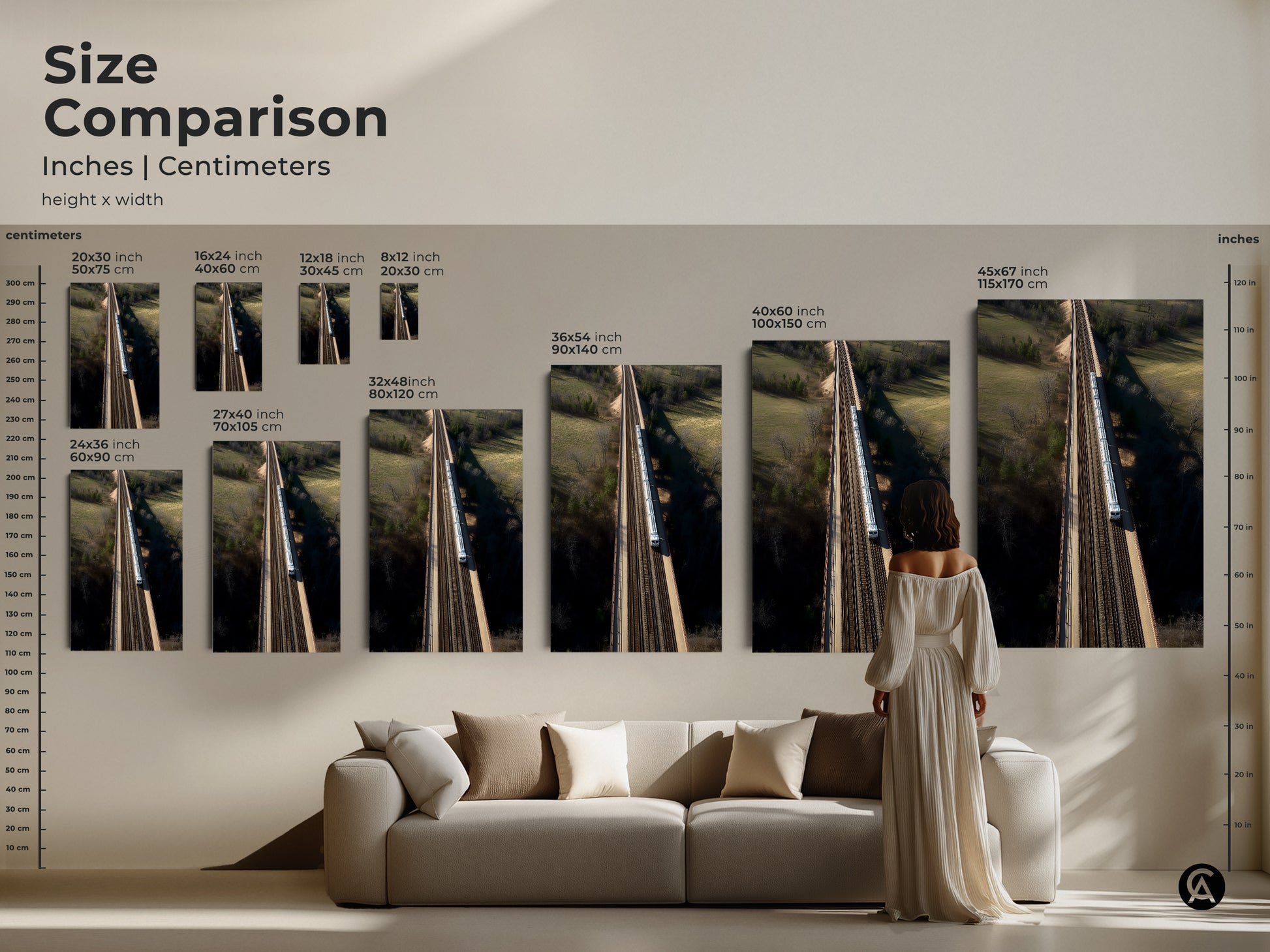 Compare sizes of this modern wall art. See how the realistic aerial train bridge landscape fits in different spaces. This artwork is available in various sizes from small to large. This canvas or poster print will transform your home decor.