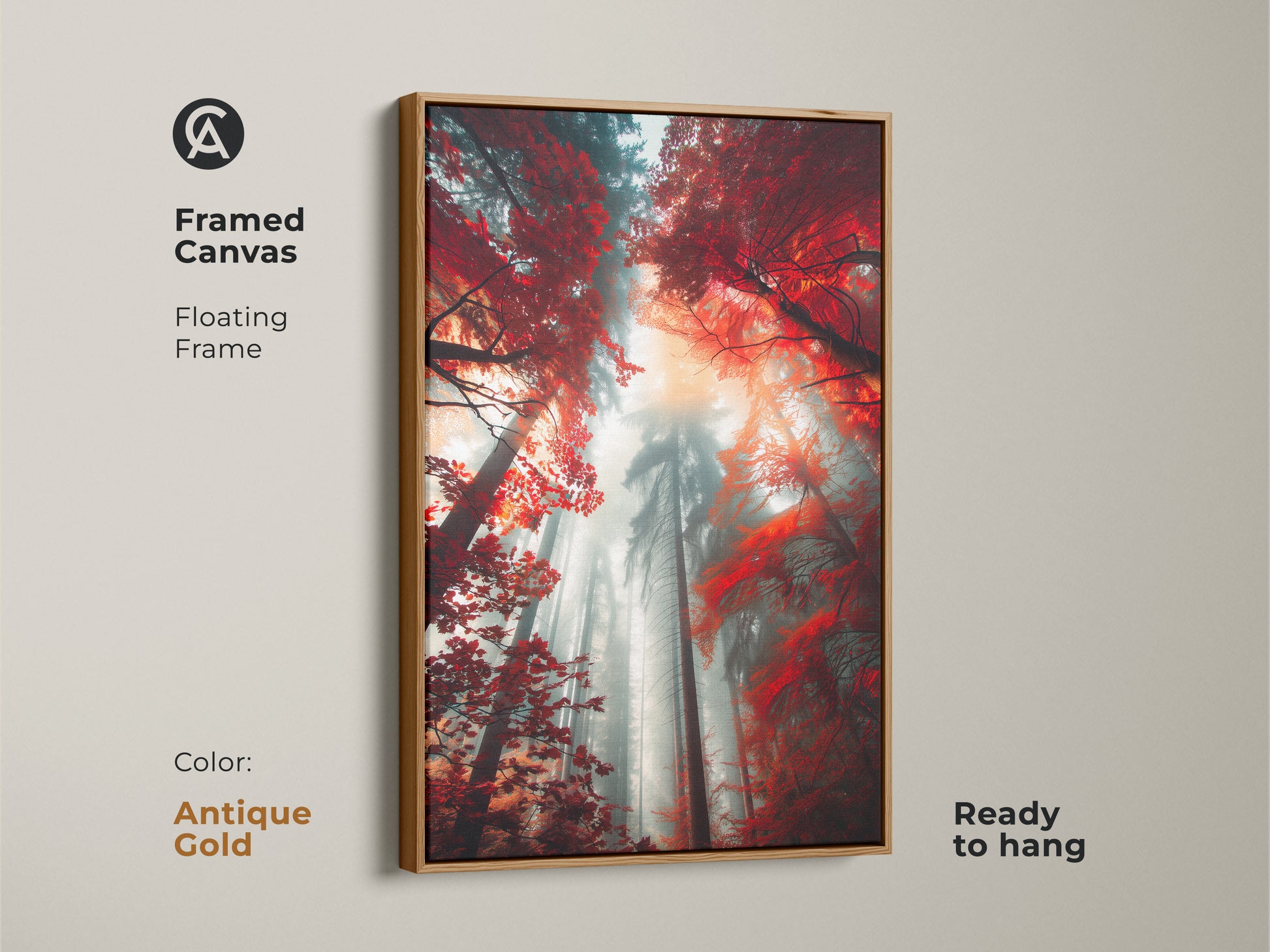 Framed canvas art print with a floating frame. The artwork captures a misty forest with striking red foliage. The antique gold frame adds a touch of elegance. This ready-to-hang canvas brings a sophisticated natural element to your home.
