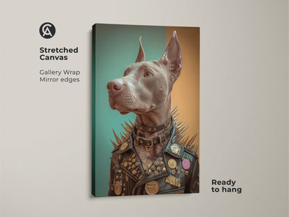 Poster print of a Doberman Pinscher wearing a studded leather jacket embodying punk rock style. This eclectic wall art is perfect for a man cave or alternative home decor. The print showcases rich colors and is easy to frame making it a unique gift for a dog lover or punk fan. Rolled in a tube for protection.