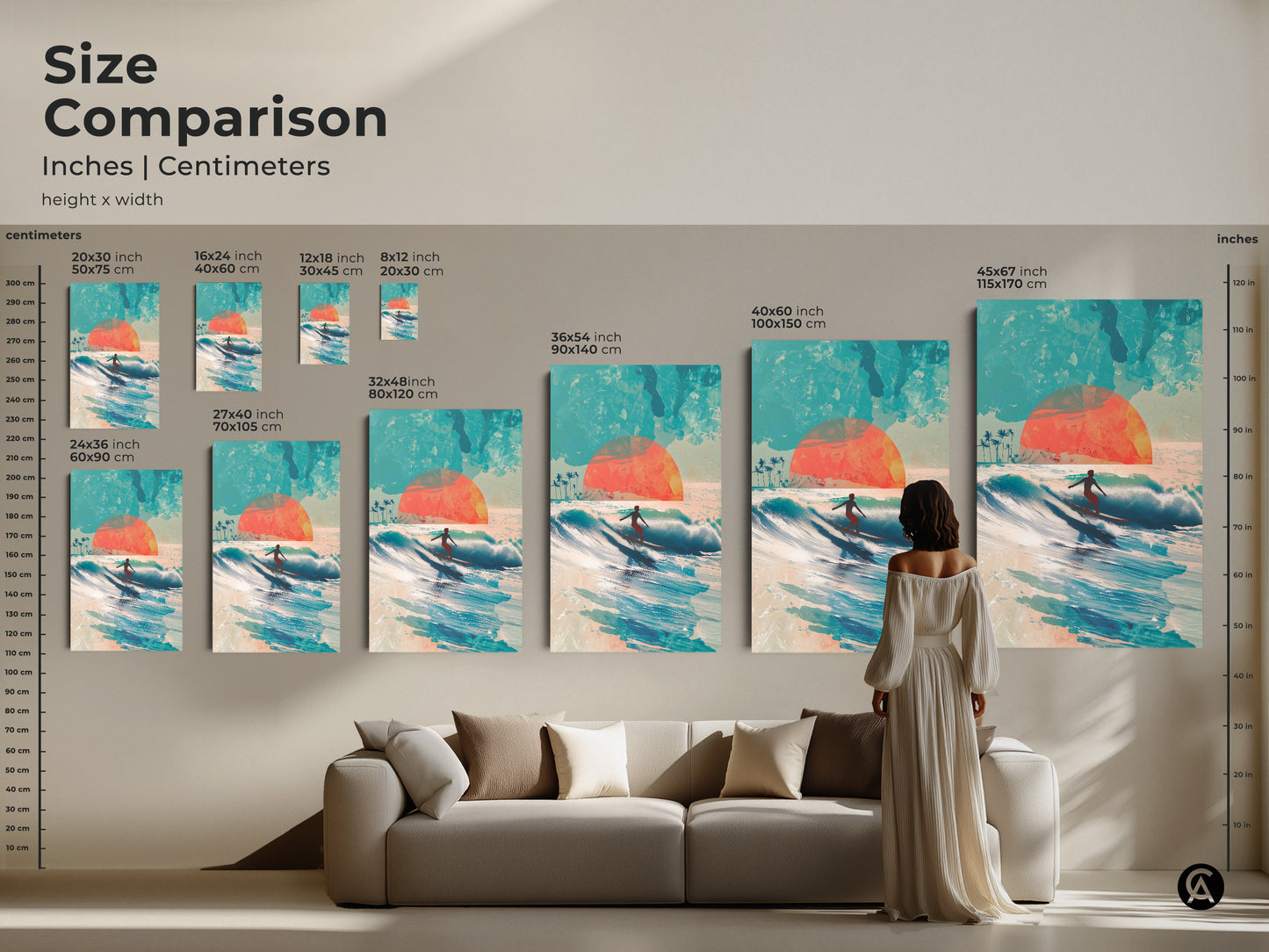 Size comparison of surfer art prints. See how different sizes fit above a sofa. Available in inches and centimeters. Choose the perfect size to enhance your living space. This ocean-themed artwork adds a touch of the beach to any space.