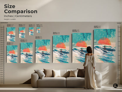 Size comparison of surfer art prints. See how different sizes fit above a sofa. Available in inches and centimeters. Choose the perfect size to enhance your living space. This ocean-themed artwork adds a touch of the beach to any space.