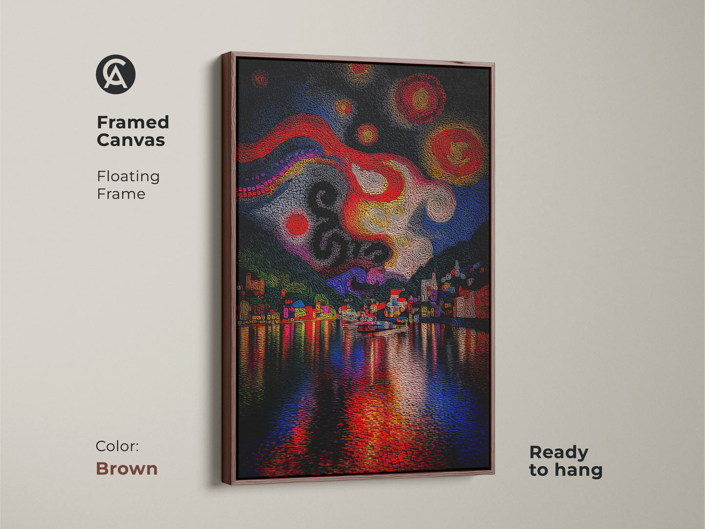 Framed Canvas with a floating frame in brown ready to hang. This abstract cityscape artwork features a vibrant night sky. A colorful village art print with red yellow and blue colors.