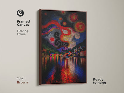 Framed Canvas with a floating frame in brown ready to hang. This abstract cityscape artwork features a vibrant night sky. A colorful village art print with red yellow and blue colors.