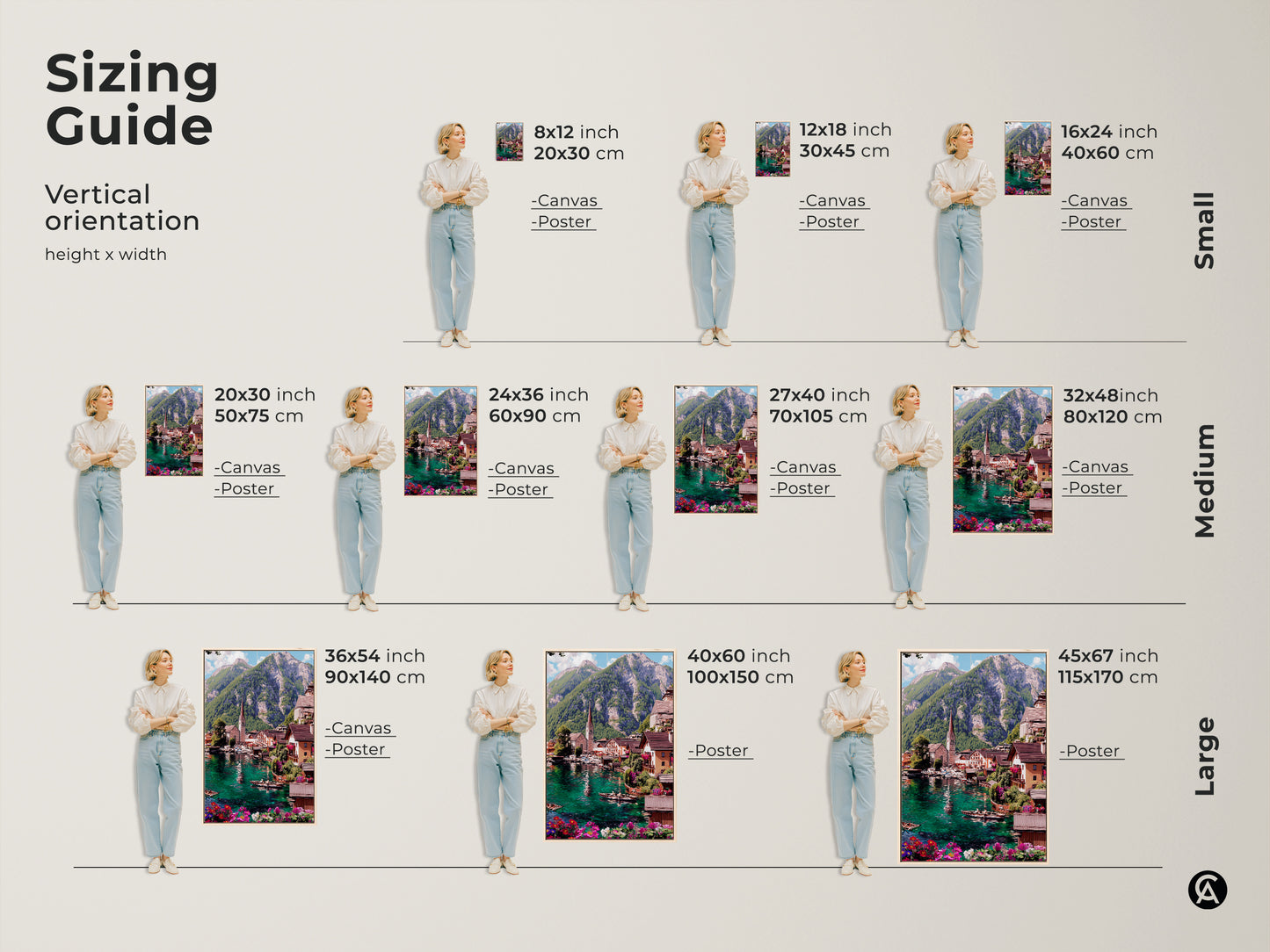 Sizing guide for teal lake village art prints. Find the perfect fit for your space with vertical orientation options. Sizes range from small to large in both canvas and poster prints. The art features an impressionistic mountain landscape with blue green water.
