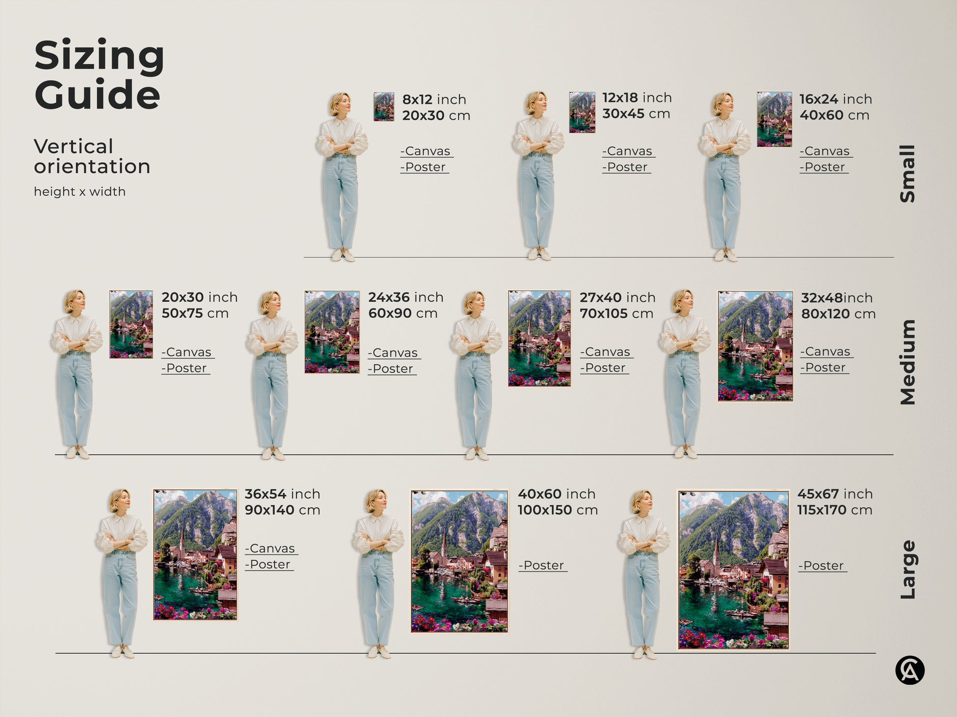 Sizing guide for teal lake village art prints. Find the perfect fit for your space with vertical orientation options. Sizes range from small to large in both canvas and poster prints. The art features an impressionistic mountain landscape with blue green water.