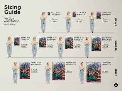 Sizing guide for teal lake village art prints. Find the perfect fit for your space with vertical orientation options. Sizes range from small to large in both canvas and poster prints. The art features an impressionistic mountain landscape with blue green water.