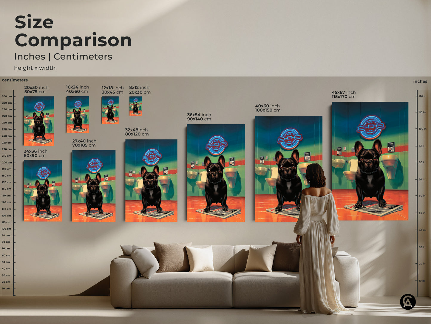 Size comparison showcasing the black French Bulldog art print. Available in various sizes from small to large. See how this humorous artwork fits above a couch. The colorful bathroom art enhances any eclectic home decor style.