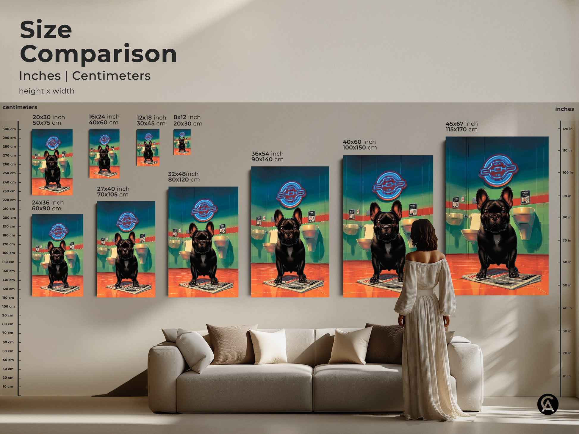 Size comparison showcasing the black French Bulldog art print. Available in various sizes from small to large. See how this humorous artwork fits above a couch. The colorful bathroom art enhances any eclectic home decor style.