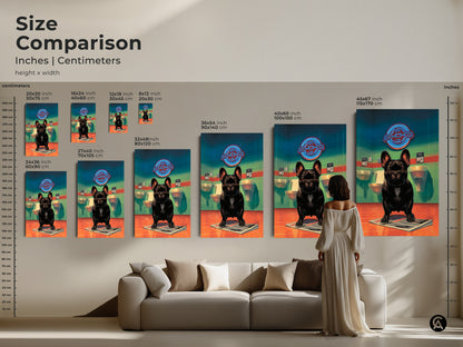 Size comparison showcasing the black French Bulldog art print. Available in various sizes from small to large. See how this humorous artwork fits above a couch. The colorful bathroom art enhances any eclectic home decor style.