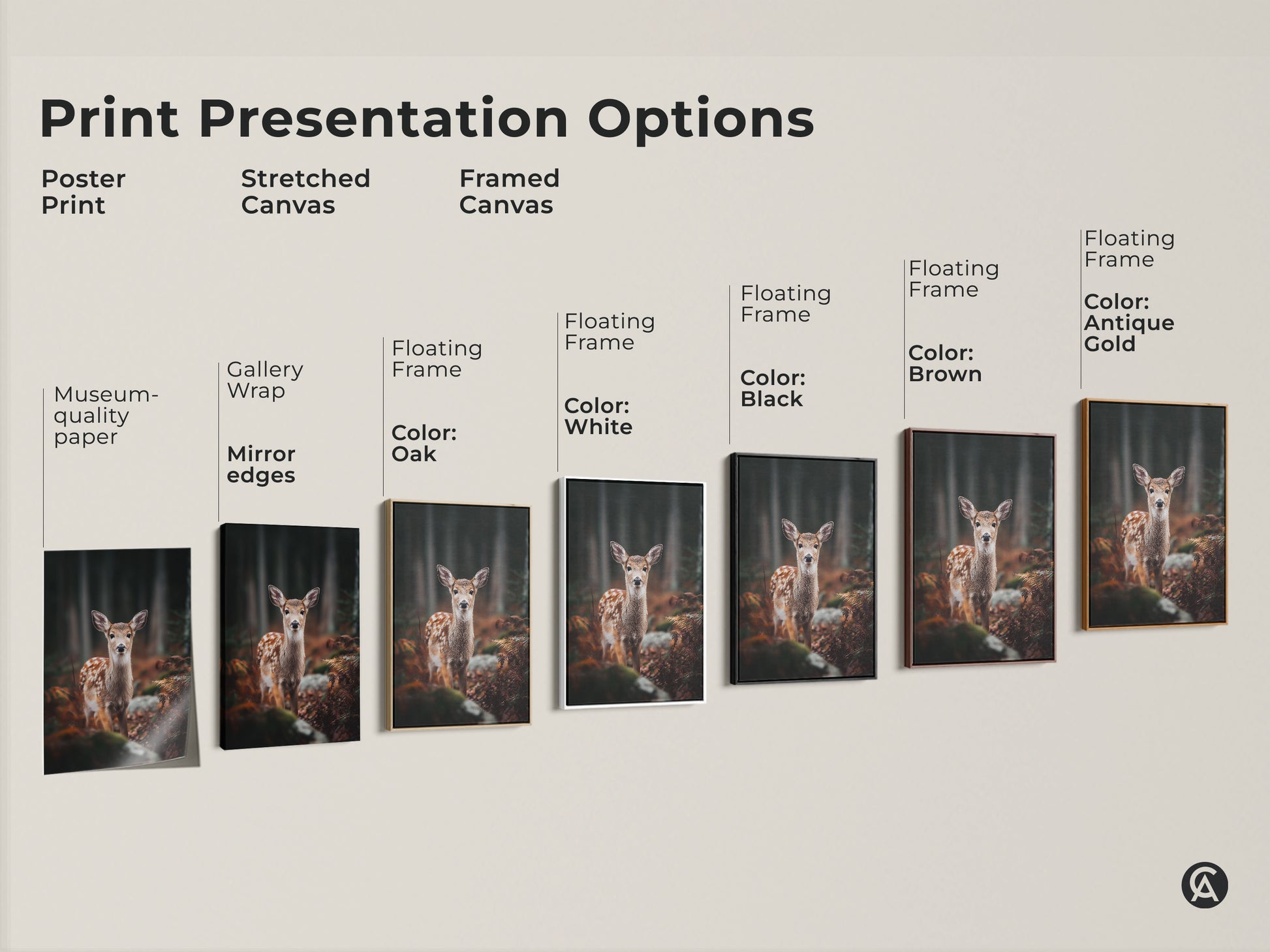 Print presentation options for fawn in forest artwork. Choose from poster stretched or framed canvas. Options include gallery wrap and floating frames in various colors. Find the perfect wildlife art for your home.