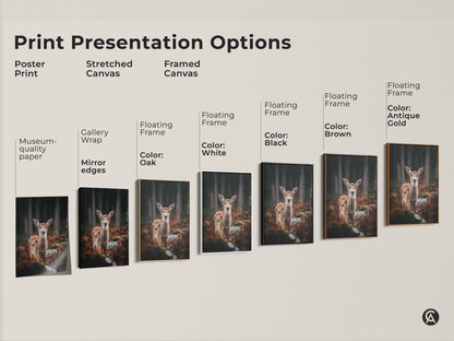 Print presentation options for fawn in forest artwork. Choose from poster stretched or framed canvas. Options include gallery wrap and floating frames in various colors. Find the perfect wildlife art for your home.