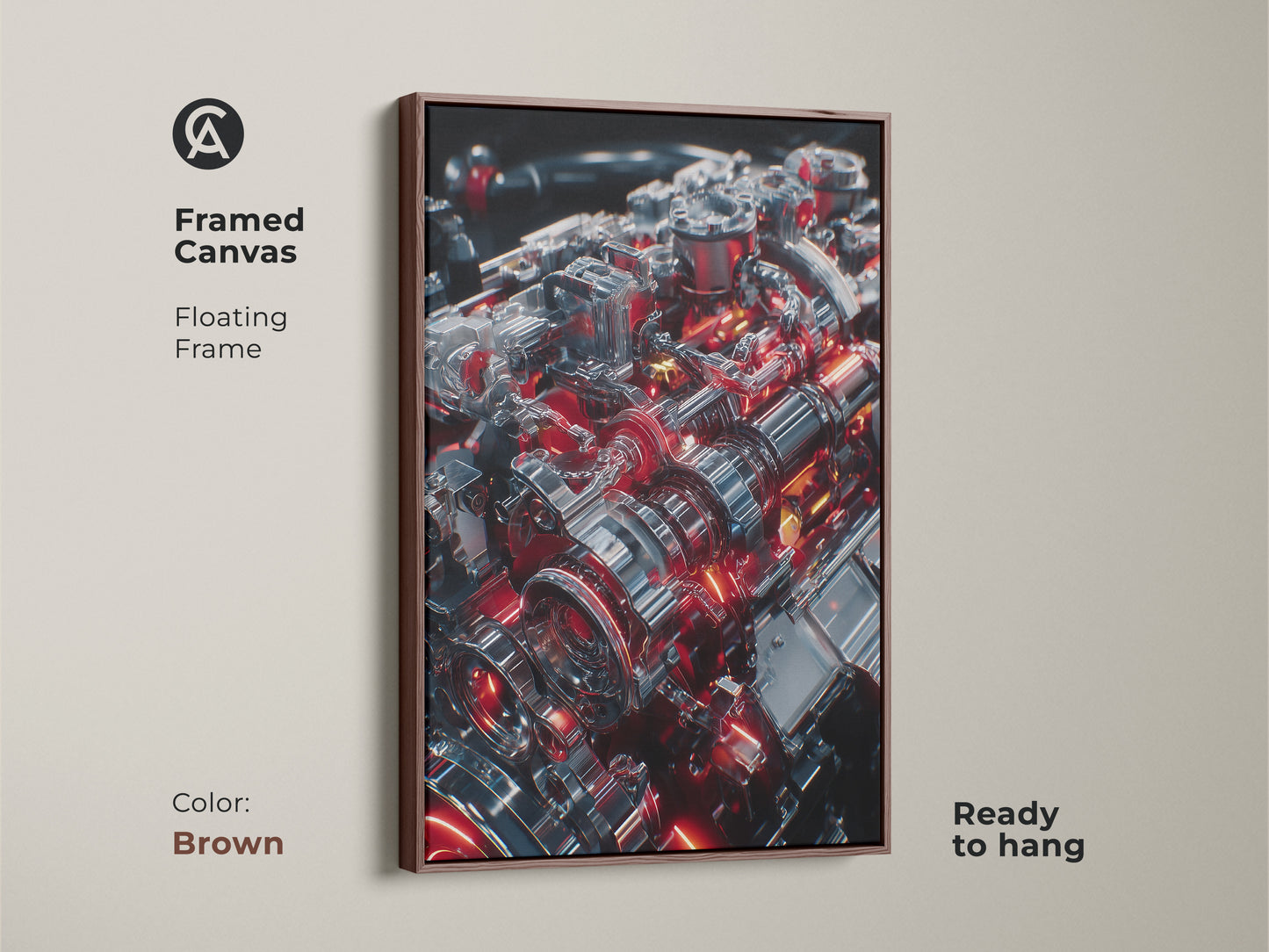 Framed canvas showcasing a detailed mechanical engine. Brown floating frame adds warmth to the silver and red artwork. Enhances industrial garage decor. Perfect for a man cave or tech office. Celebrates automotive passion. Ready to hang.