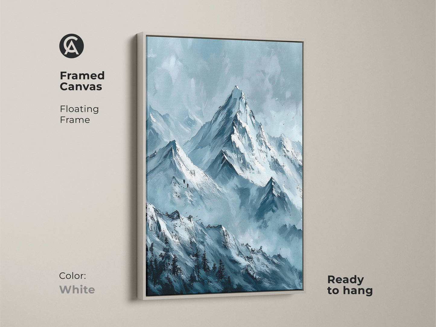 White framed canvas art featuring a serene mountain landscape. The floating frame complements the artwork. This ready-to-hang piece brings natural beauty to any room's wall decor.