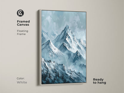 White framed canvas art featuring a serene mountain landscape. The floating frame complements the artwork. This ready-to-hang piece brings natural beauty to any room's wall decor.
