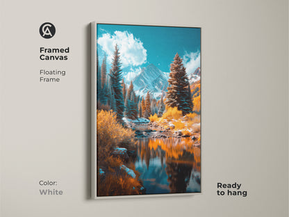 Brighten your home with framed canvas art. The white floating frame provides a clean modern look to the mountain river artwork. Ready to hang and easy to coordinate with your decor.