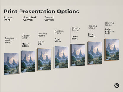 Print presentation options including poster stretched and framed canvas. Choose from various floating frame colors. Enjoy museum-quality paper gallery wrap and mirror edges for your mountain art.