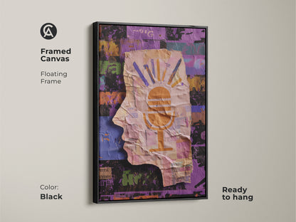 Framed canvas of an abstract collage wall art. A black floating frame enhances the art. Ready to hang. The head silhouette and microphone motif makes it a perfect eclectic studio decor with orange yellow purple hues. Ideal as a housewarming gift for an artist.