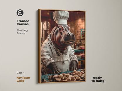 This framed canvas features a hippo chef artwork ready to hang in antique gold. The illustration brings an eclectic touch. The perfect gift for home bakers and food enthusiasts. A quirky baking decor suitable for the kitchen or dining room. It's unique animal painting.