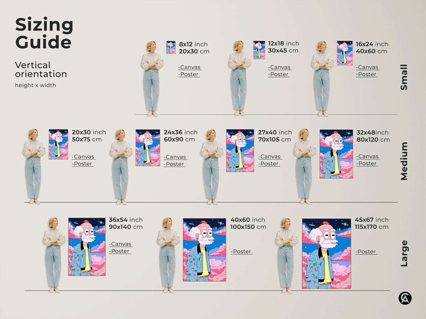 Sizing guide for vertical cartoon art prints. Available in canvas and poster options. Sizes range from small to large. Find the perfect size to fit your space and add a unique touch to your home.