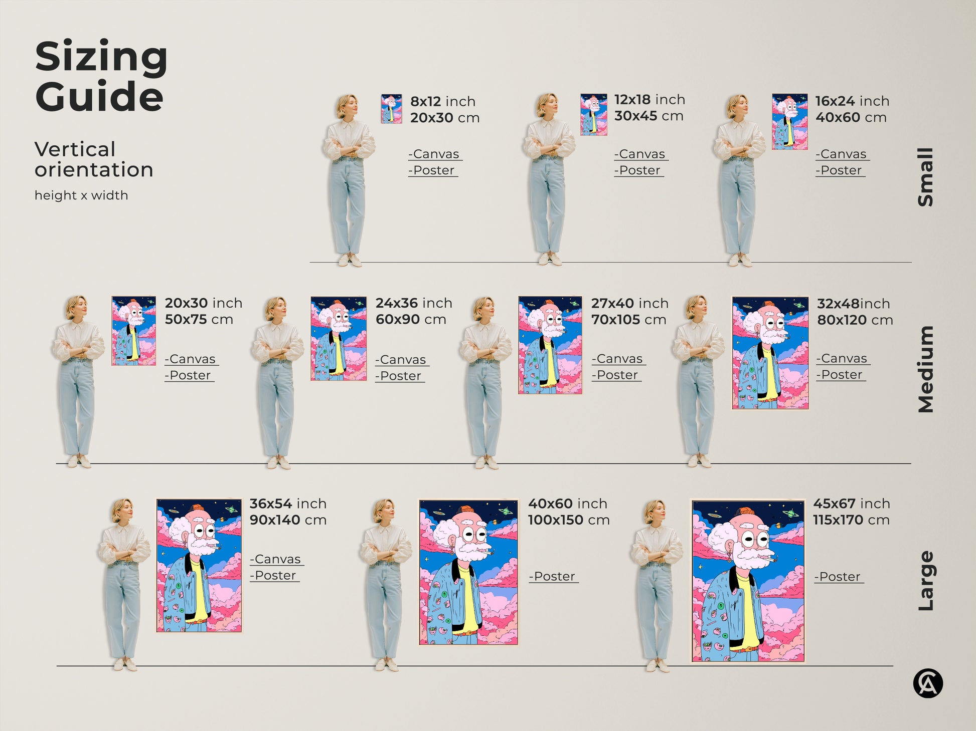 Sizing guide for vertical cartoon art prints. Available in canvas and poster options. Sizes range from small to large. Find the perfect size to fit your space and add a unique touch to your home.