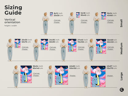 Sizing guide for vertical cartoon art prints. Available in canvas and poster options. Sizes range from small to large. Find the perfect size to fit your space and add a unique touch to your home.
