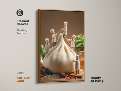 Antique gold framed canvas artwork featuring miniature chefs and a dumpling. The floating frame enhances this unique food art print. This ready-to-hang piece brings elegance to your kitchen decor. The antique gold frame adds a touch of vintage charm. Perfect wall art for food lovers.