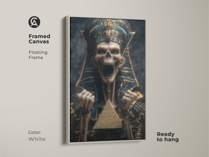 A framed canvas shows a skeleton pharaoh with a white frame. The wall hanging is ready to hang. It enhances any space with its mythical creature artwork. This gothic pyramid artwork is a conversation starter. The art is a pyramid canvas.