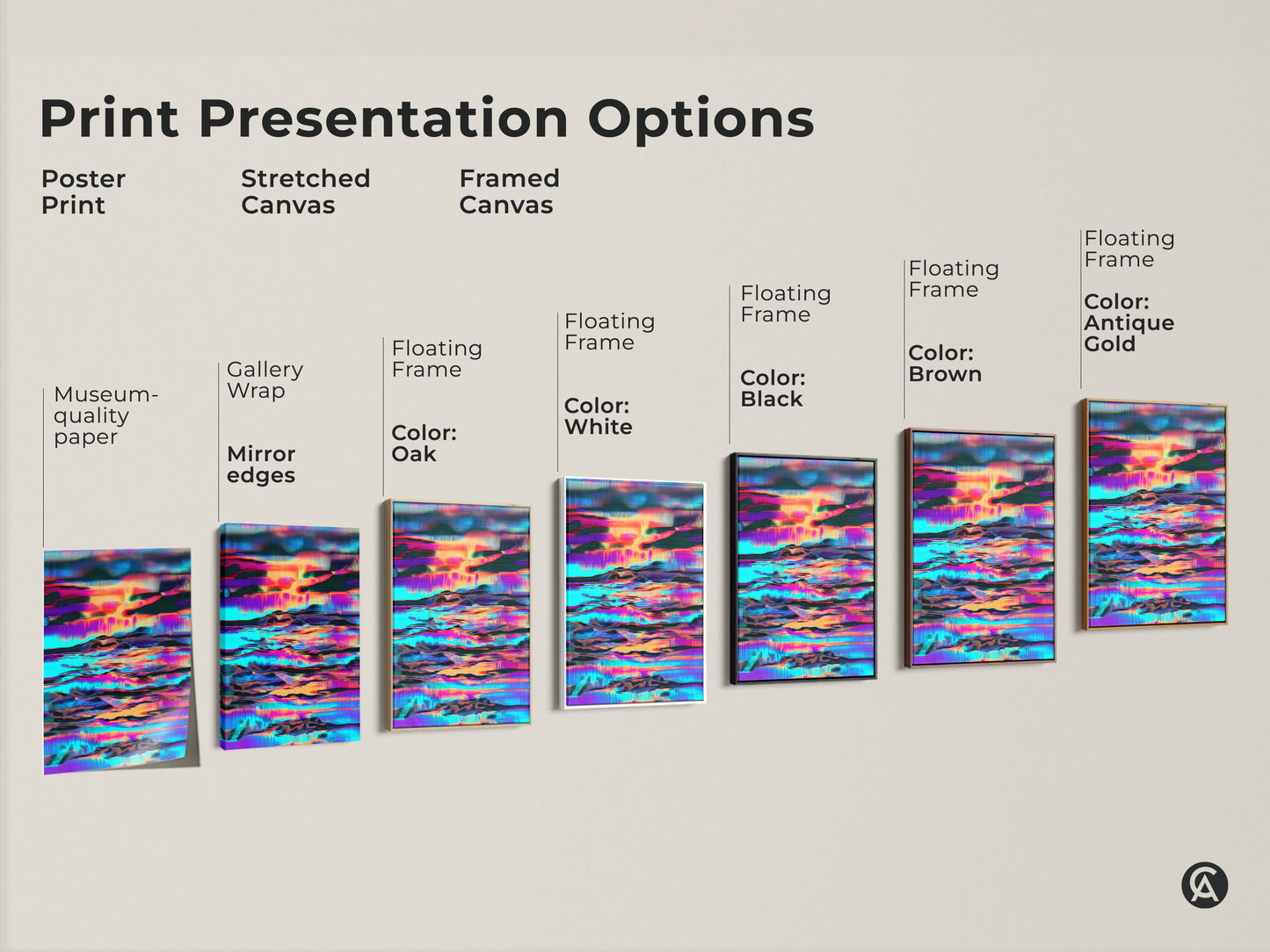 Explore print presentation options for the abstract glitch art print. Options include a poster print stretched canvas and framed canvas. Each showcases the vibrant skyline landscape in cyan orange and purple. Choose the perfect medium to display this modern digital artwork.