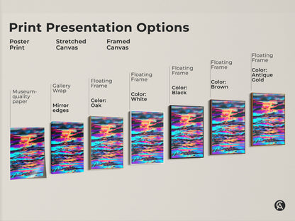 Explore print presentation options for the abstract glitch art print. Options include a poster print stretched canvas and framed canvas. Each showcases the vibrant skyline landscape in cyan orange and purple. Choose the perfect medium to display this modern digital artwork.