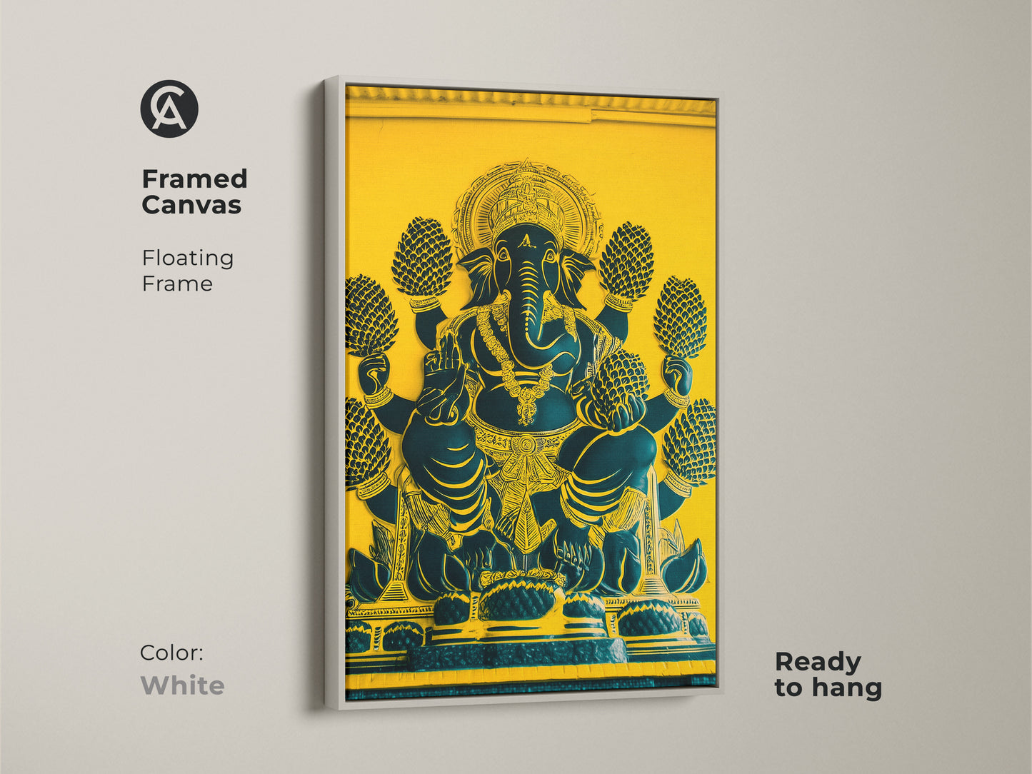 White framed canvas featuring Ganesha. This spiritual home decor blends religious significance with artistry. The Elephant God canvas adds divine presence to any space. Perfect for eclectic spiritual art. The traditional Indian artwork.