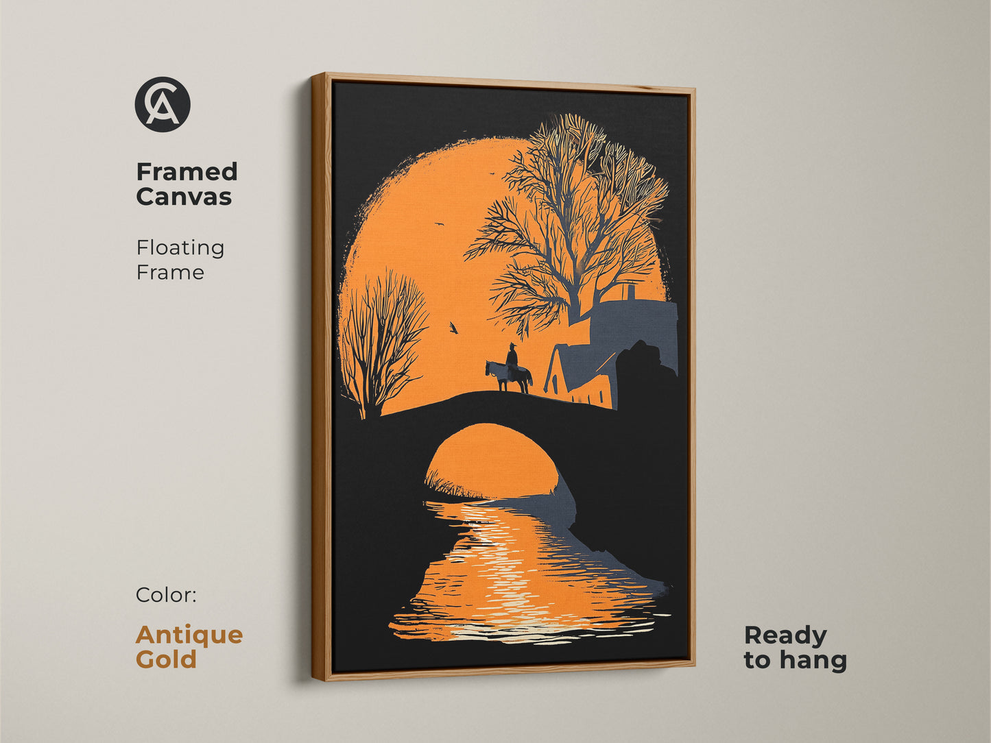 Antique gold framed canvas art print showcasing a minimalist horse rider silhouette. This abstract landscape art captures a dramatic sunset scene. It is perfect for modern farmhouse entry hall decor. This travel gift is ready to hang.