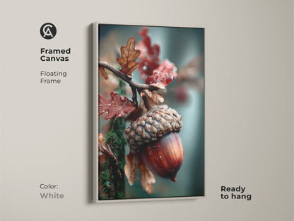 Framed canvas art featuring an acorn and oak leaves. The floating frame is white. This wall art is ready to hang. The acorn artwork brings a fresh feel to any room. The white frame provides a clean look.