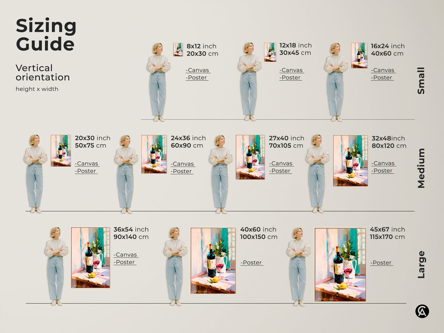 Discover the perfect size with our vertical orientation sizing guide. Visualize the art print in various dimensions. Options include canvas and poster prints. Sizes range from small to large. This contemporary still life features a wine bottle and red wine glass. It's ideal for kitchen decor and a thoughtful gift for wine lovers.