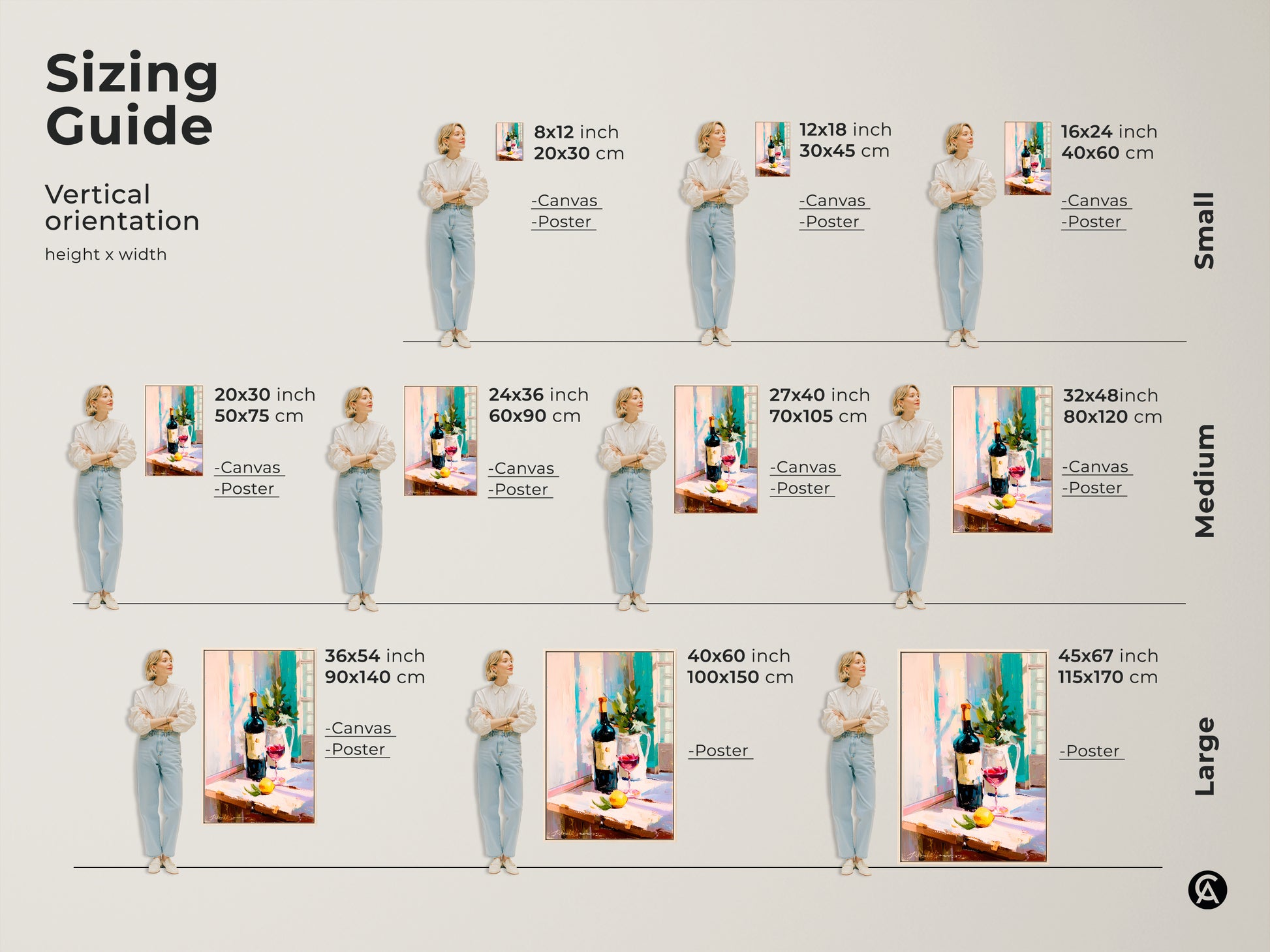 Discover the perfect size with our vertical orientation sizing guide. Visualize the art print in various dimensions. Options include canvas and poster prints. Sizes range from small to large. This contemporary still life features a wine bottle and red wine glass. It's ideal for kitchen decor and a thoughtful gift for wine lovers.