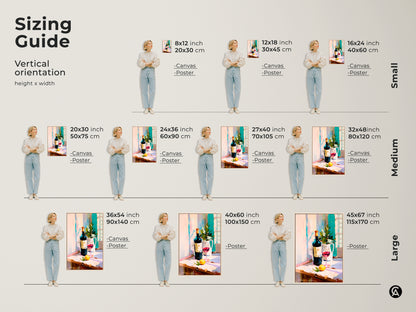 Discover the perfect size with our vertical orientation sizing guide. Visualize the art print in various dimensions. Options include canvas and poster prints. Sizes range from small to large. This contemporary still life features a wine bottle and red wine glass. It's ideal for kitchen decor and a thoughtful gift for wine lovers.