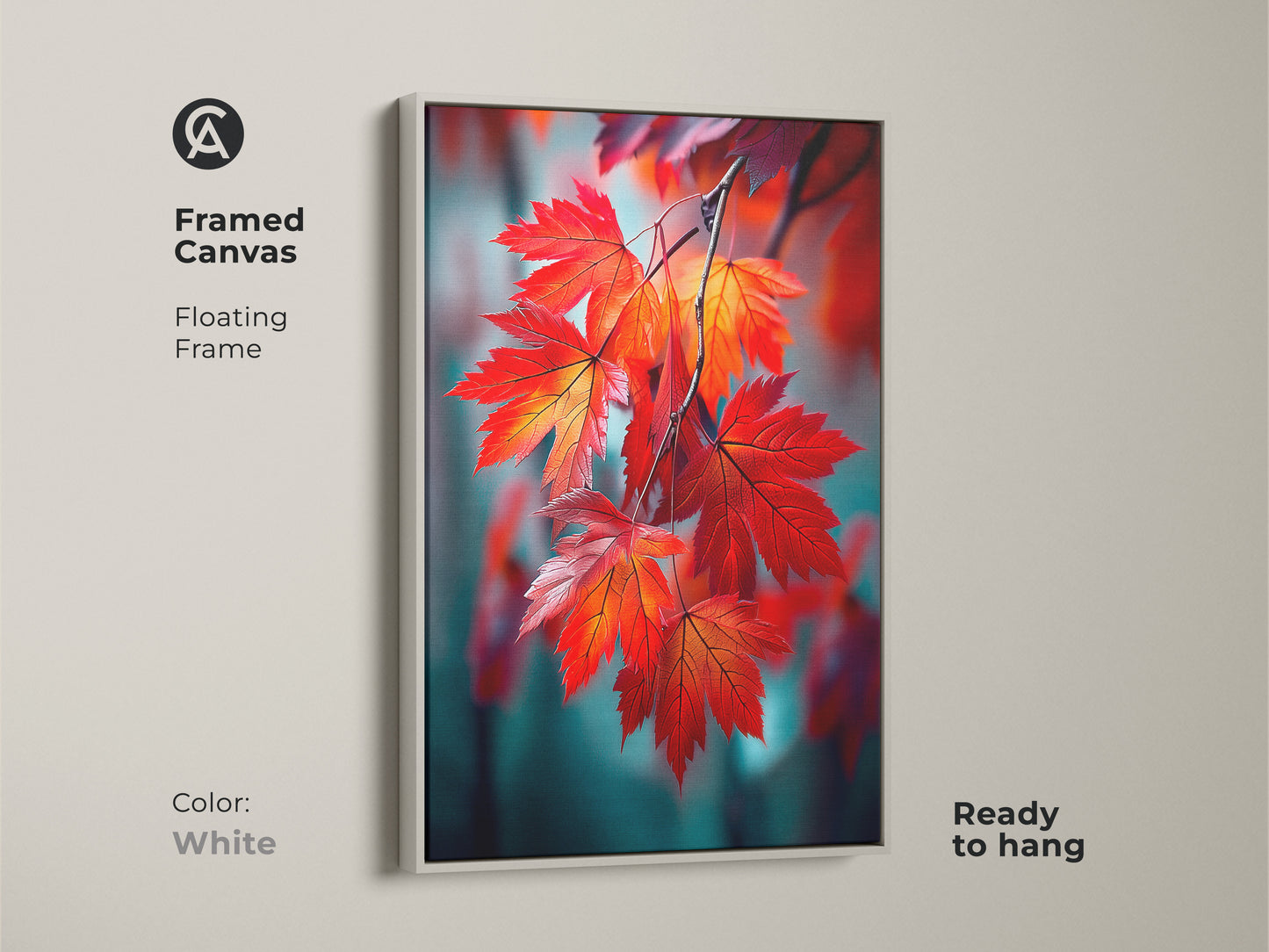Framed canvas art featuring red maple leaves with a floating frame. The frame is white giving it a clean look. The artwork is ready to hang making decorating easy. Perfect for adding a pop of color. It is a great choice.