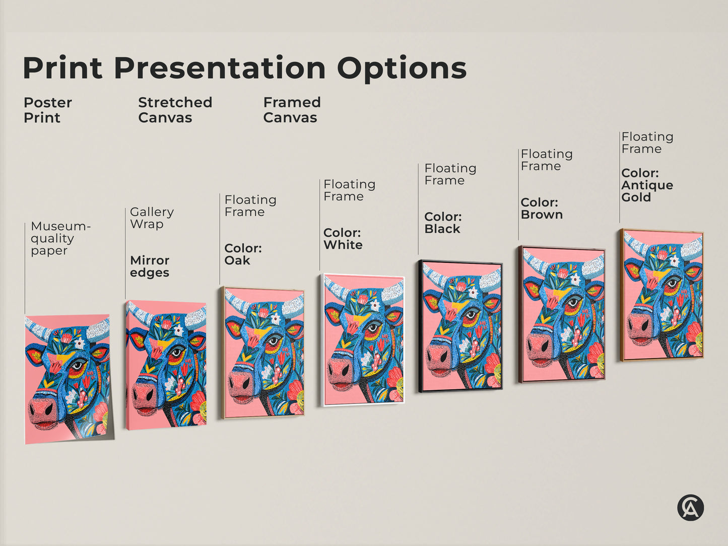 Print presentation options showcasing a floral bull artwork. Available as a poster print stretched canvas or framed canvas. Choose from various frame colors including black brown antique gold white and oak. Find the perfect animal art for your home.