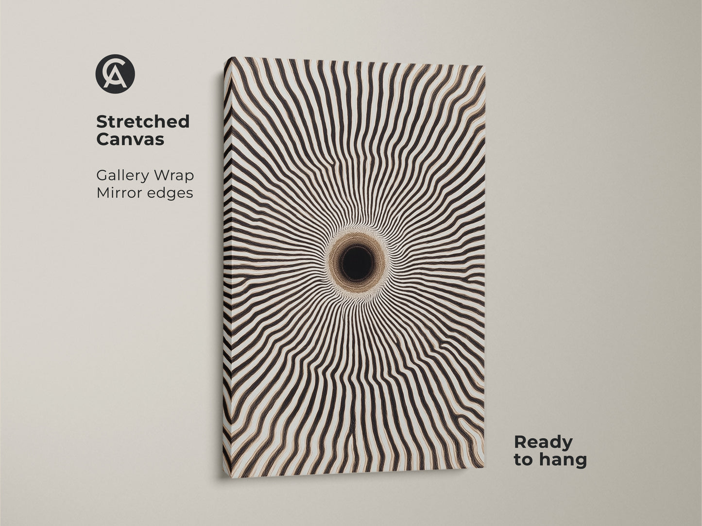 Stretched canvas featuring abstract geometric tunnel art. This black and white op art print showcases a minimalist vortex. The contemporary entryway wall decor is ready to hang with gallery wrapped mirror edges.