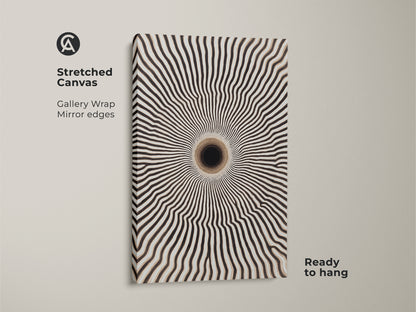 Stretched canvas featuring abstract geometric tunnel art. This black and white op art print showcases a minimalist vortex. The contemporary entryway wall decor is ready to hang with gallery wrapped mirror edges.