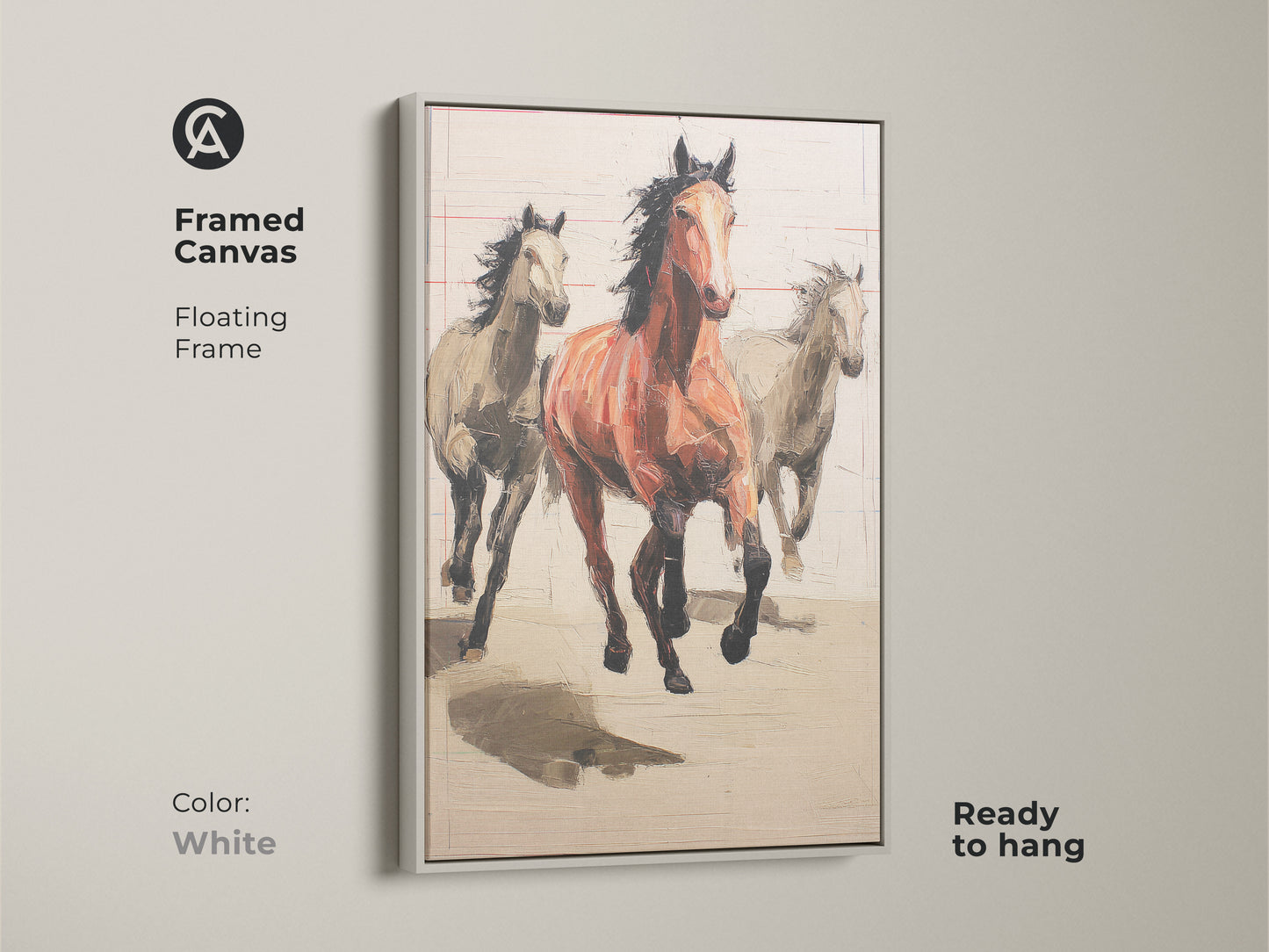 Framed canvas with a white floating frame featuring expressionist horse art. Running horses in terracotta hues offer neutral decor. Perfect framed horse print gift for any home.