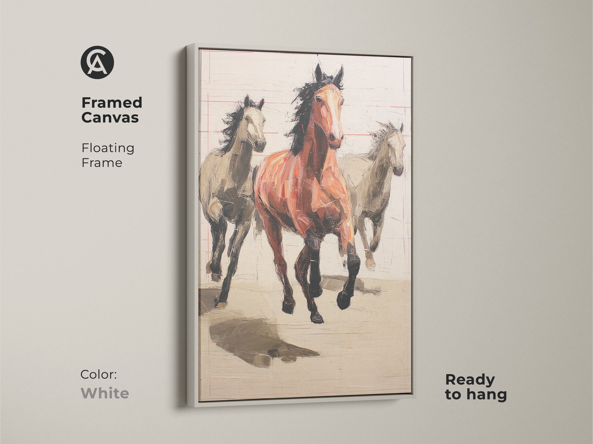 Framed canvas with a white floating frame featuring expressionist horse art. Running horses in terracotta hues offer neutral decor. Perfect framed horse print gift for any home.