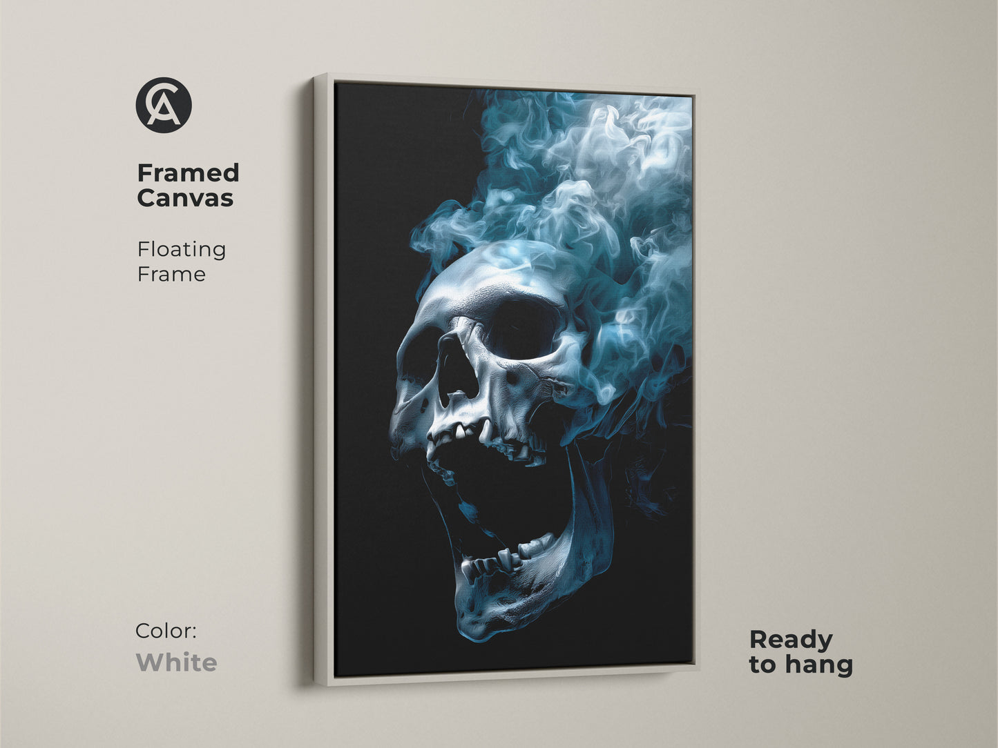 Framed canvas art featuring a skull with smoke. The floating frame is white and the canvas comes ready to hang. This artwork offers a clean and sophisticated look. Enhance your living space with this captivating art.