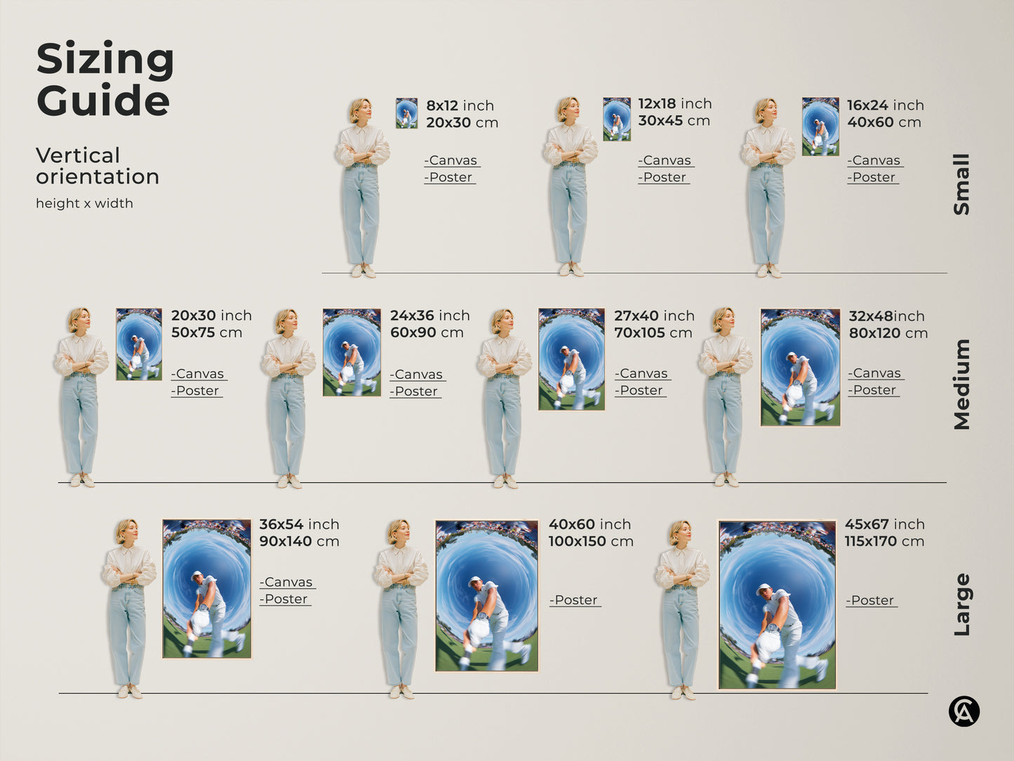 Sizing guide for vertical golf artwork. Available in small medium and large sizes. Canvas and poster options are available to fit your space. Find the perfect fit for your home decor. Showcase your love for golf with our art.