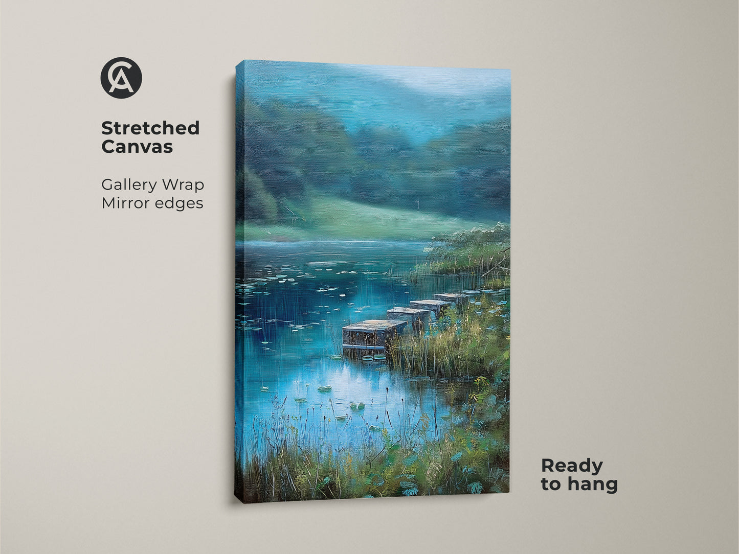 Stretched canvas gallery wrap showcasing an impressionistic lake art print. Rustic dock canvas print is ready to hang. Teal blue green wall art adds a touch of nature. Perfect nature landscape artwork for serene bedroom wall decor. A thoughtful housewarming gift.