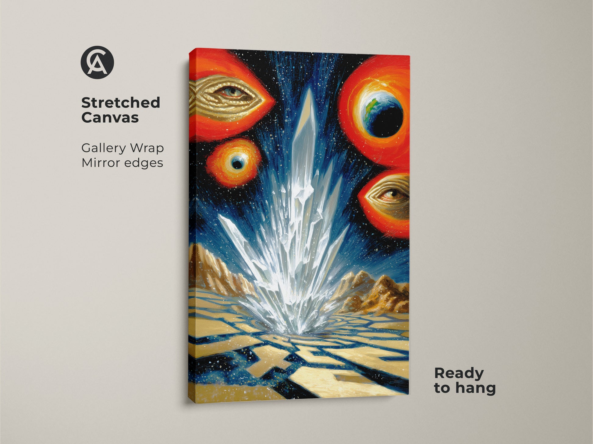 Stretched canvas gallery wrap featuring surreal crystal landscape art with cosmic space eyes and earth. The abstract celestial artwork has mirror edges and is ready to hang. This unique home decor gift features otherworldly planets and a starry galaxy.