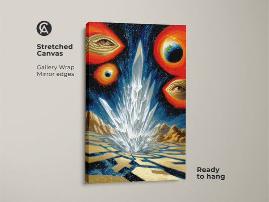 Stretched canvas gallery wrap featuring surreal crystal landscape art with cosmic space eyes and earth. The abstract celestial artwork has mirror edges and is ready to hang. This unique home decor gift features otherworldly planets and a starry galaxy.